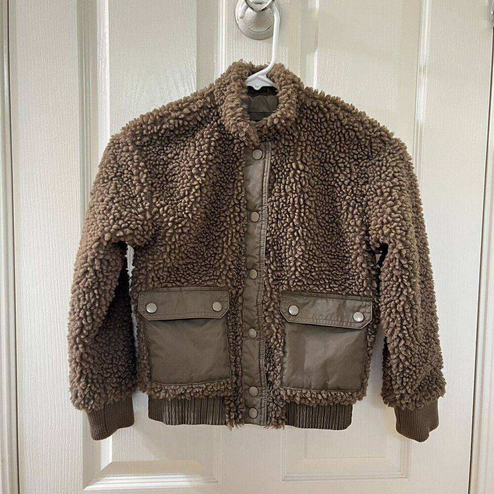 Art Class Sherpa Bomber Jacket Olive Green Snap Front Girls Size Medium 7-8